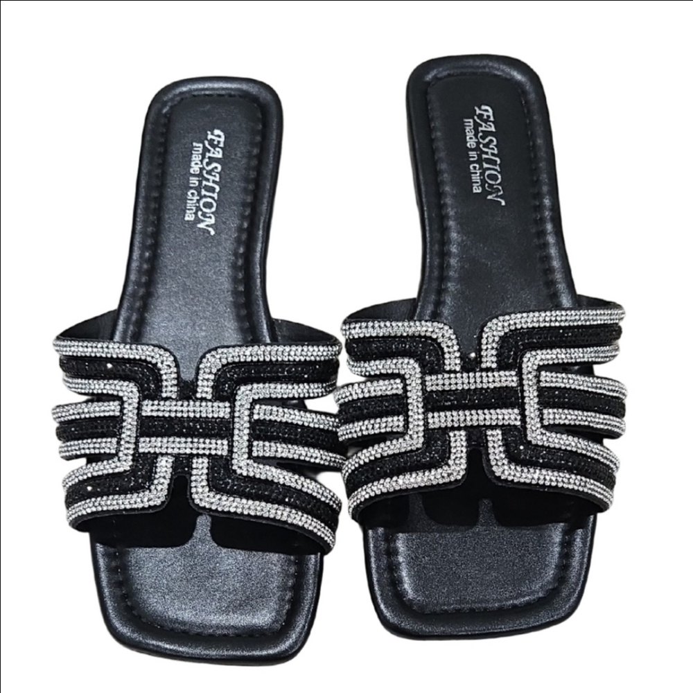 Black and Silver Rhinestone Women's Slide Sandals